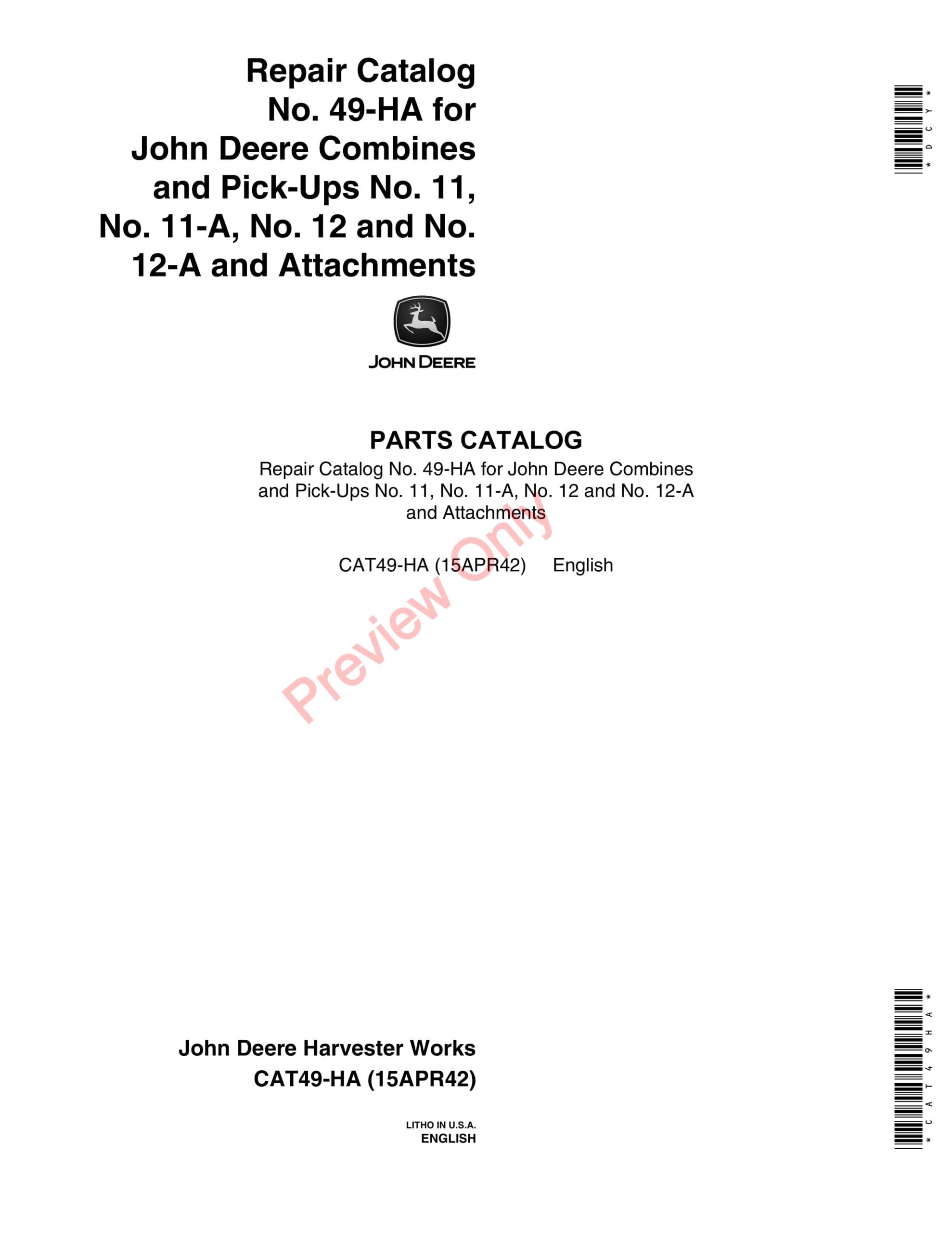 John Deere 11, 11A, 12 Combines, Attachments Parts Catalog CAT49HA 15APR42-1