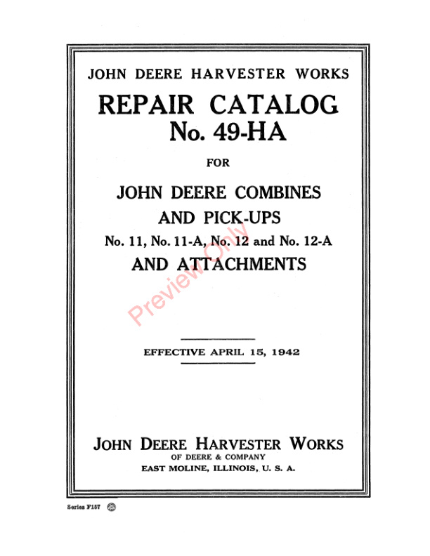 John Deere 11 11A 12 Combines Attachments Parts Catalog CAT49HA 15APR42 3