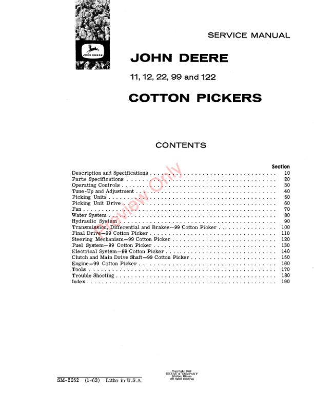 John Deere 11 12 22 99 122 Cotton Pickers Service Manual SM2052 01JUN66 3
