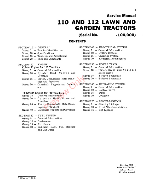 John Deere 110 110H 112 And 112H Lawn And Garden Tractor Service Manual SM2059 01NOV68 3