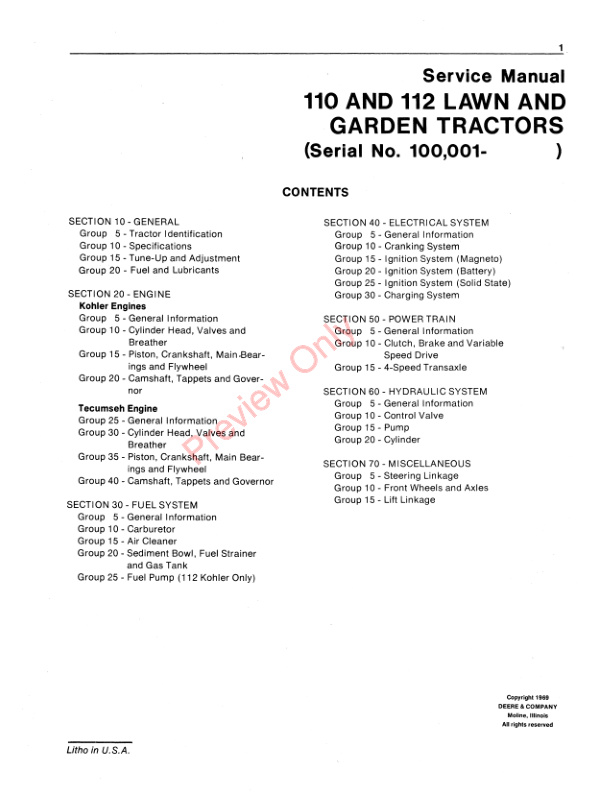 John Deere 110 110H 112 And 112H Lawn And Garden Tractor Service Manual SM2088 01NOV69 3