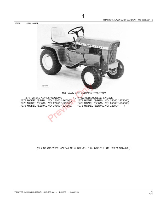 John Deere 110 Lawn and Garden Tractor Parts Catalog PC1276 12MAY11-3