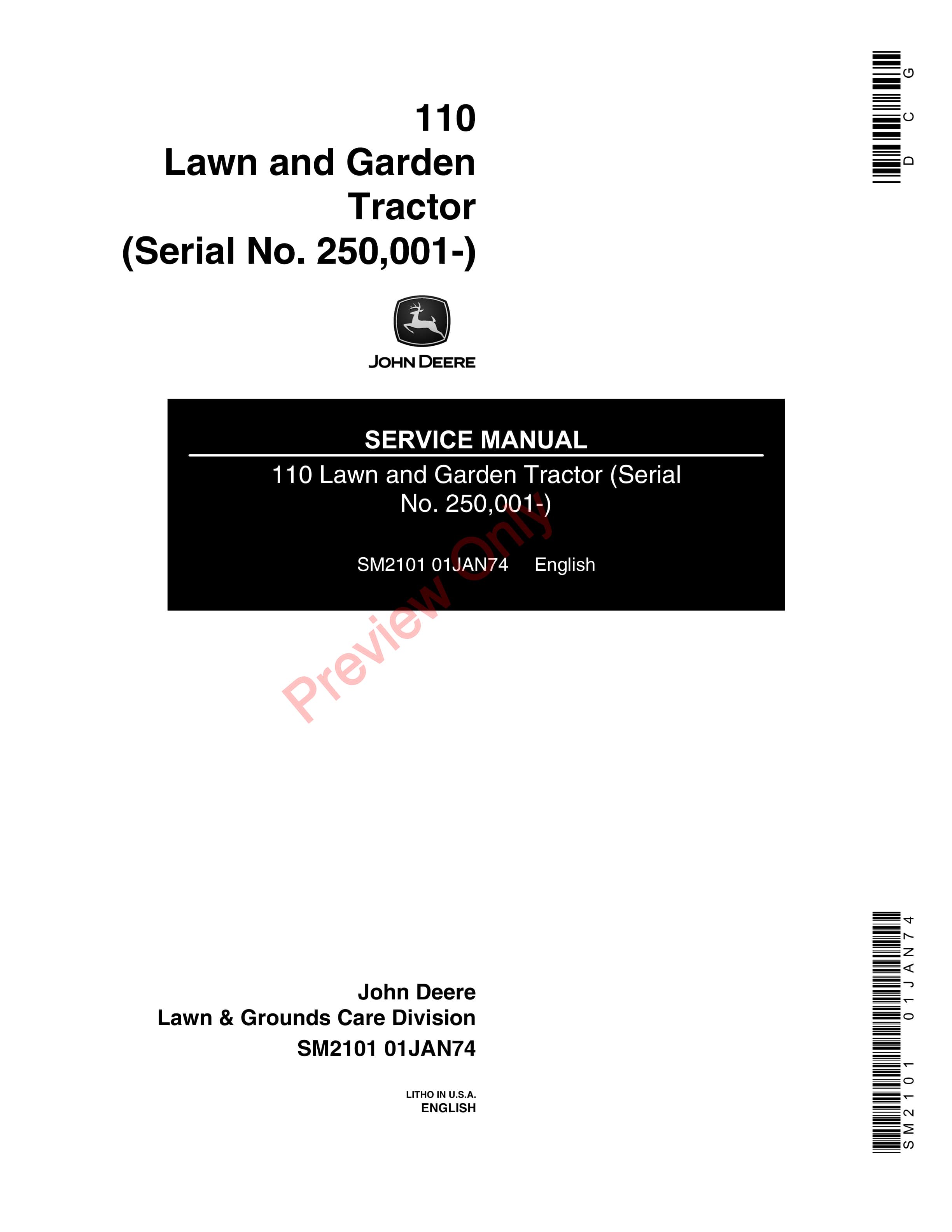 John Deere 110 and 110H Lawn and Garden Tractor Service Manual SM2101 01JAN74-1