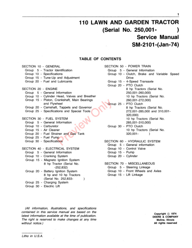 John Deere 110 And 110H Lawn And Garden Tractor Service Manual SM2101 01JAN74 3