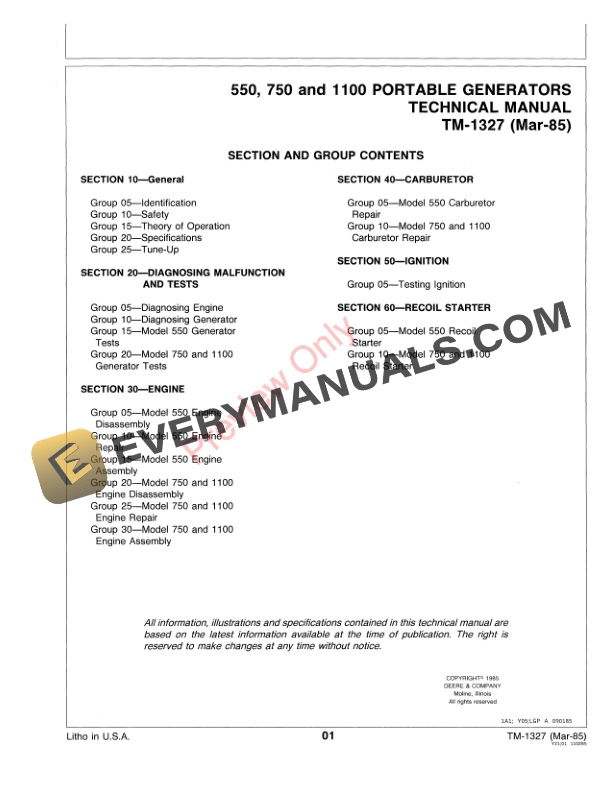John Deere 1100, 550, 750 Portable Generator Technical Manual TM1327 01MAR85