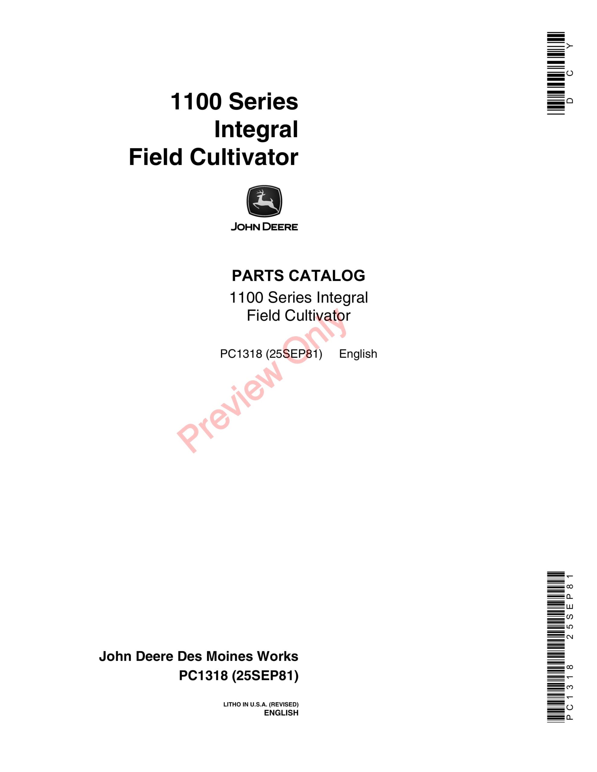 John Deere 1100 Series Integral Field Cultivator Parts Catalog PC1318 25SEP81-1