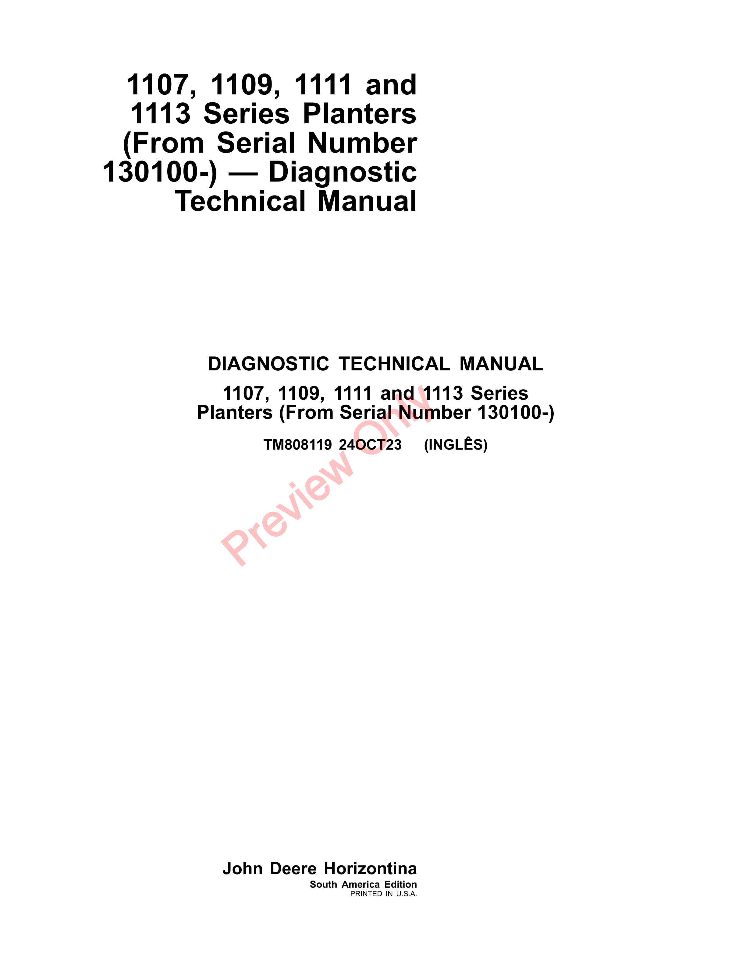 John Deere 1107, 1109, 1111 and 1113 Series Planters (From Serial Number 130100 Diagnostic Technical Manual TM808119 24OCT23-1
