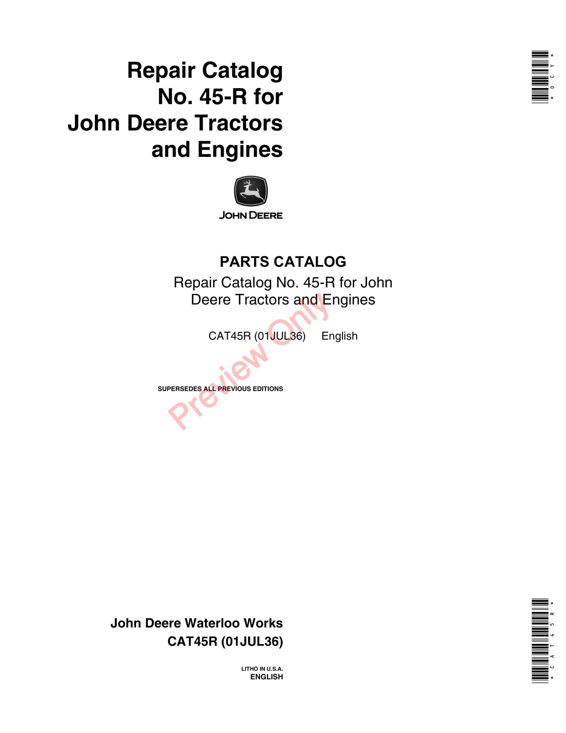 John Deere 111, 113 Type W Engines Parts Catalog CAT45R 01JUL36-1