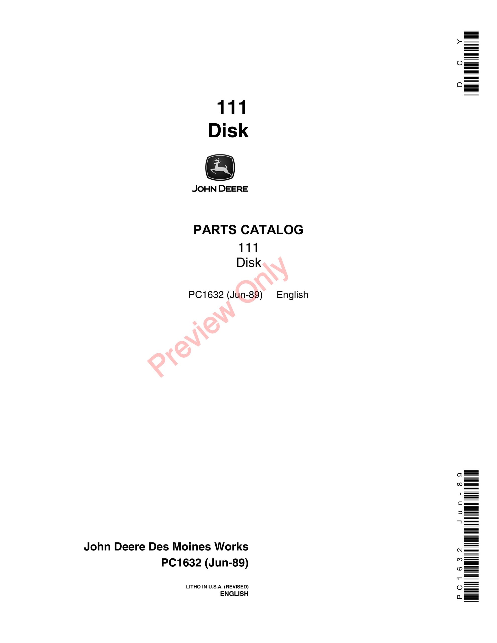 John Deere 111 Disk Parts Catalog PC1632 01JUN89-1