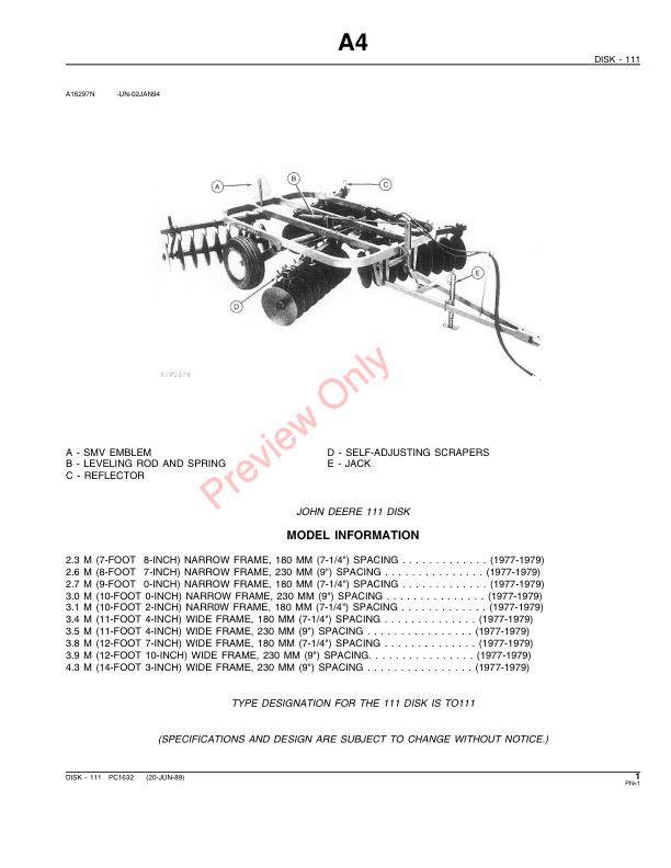 John Deere 111 Disk Parts Catalog PC1632 01JUN89-3