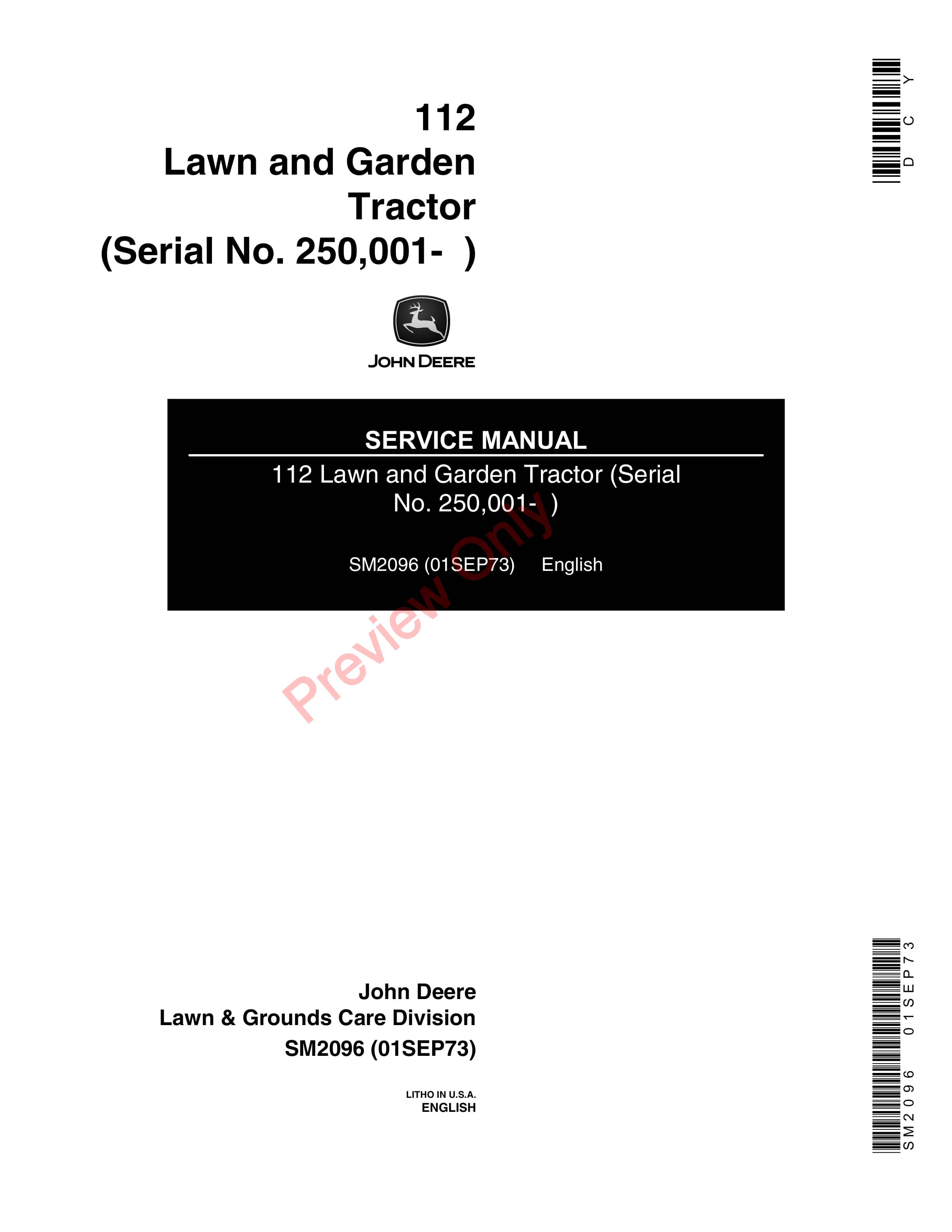 John Deere 112 Lawn and Garden Tractor Service Manual SM2096 01SEP73-1