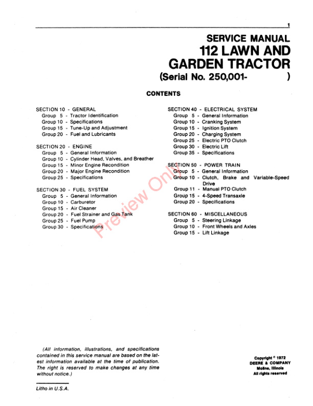 John Deere 112 Lawn And Garden Tractor Service Manual SM2096 01SEP73 3