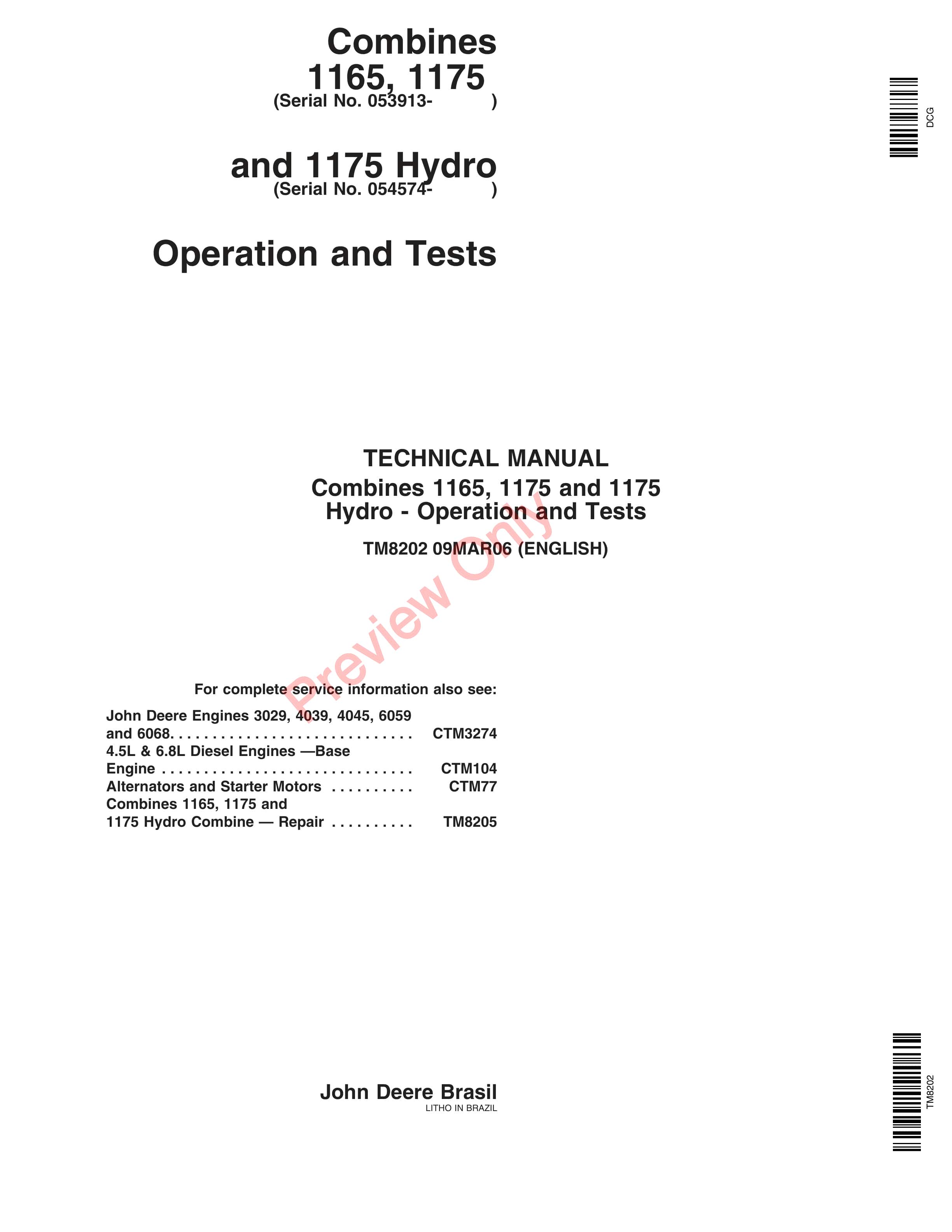 John Deere 1165, 1175, 1175 Hydro Combines Technical Manual TM8202 30NOV10-1