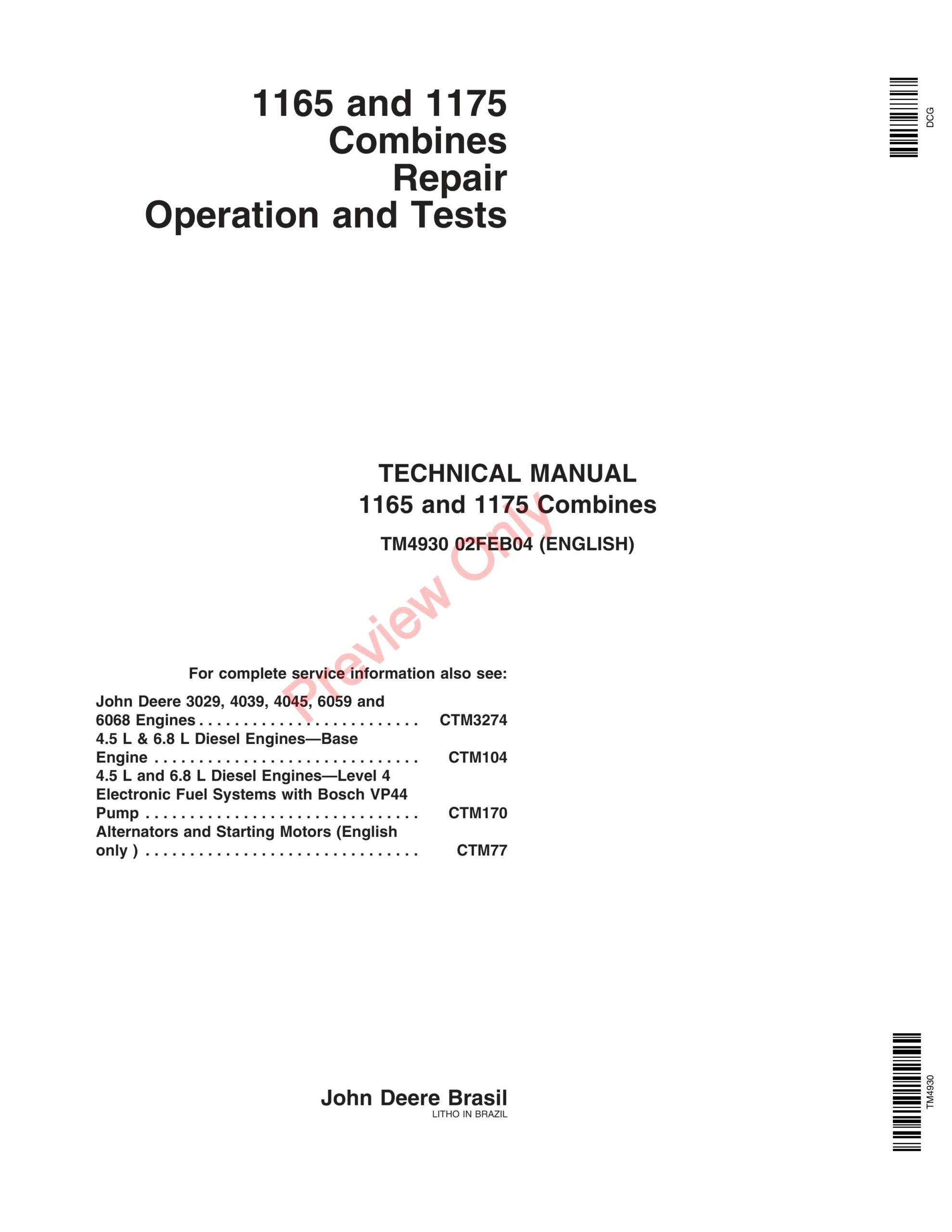 John Deere 1165, 1175 Combines (5.9L)(6.8L) Technical Manual TM4930 02FEB04-1
