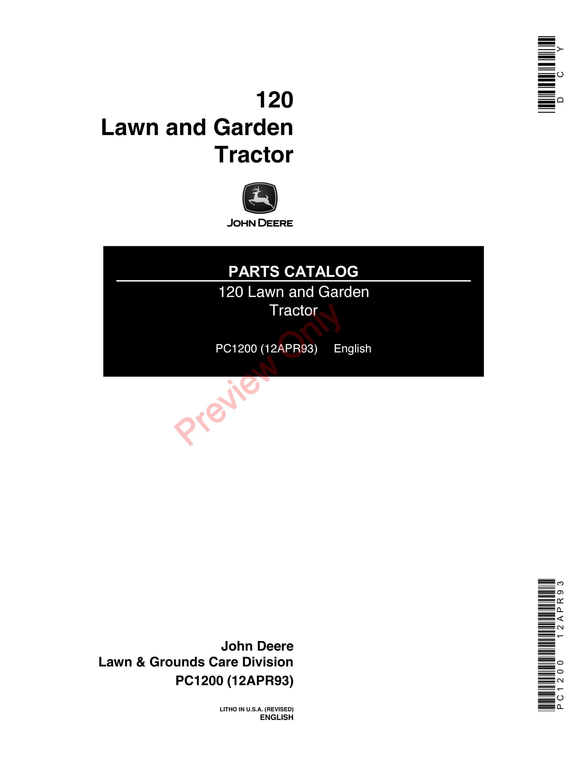 John Deere 120 Lawn and Garden Tractor Parts Catalog PC1200 12APR93-1