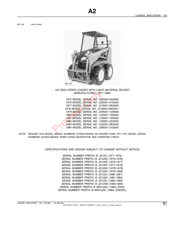 John Deere 125 Skid Steer Loader Parts Catalog PC1588 26MAY04-3