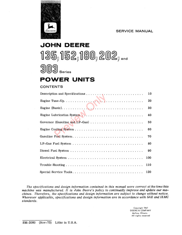 John Deere 135 152 180 202 And 303 Series Power Units Additonal Information On Gas Diesel And LP Engines And Electrical. Service Manual SM2080 01NOV73 3