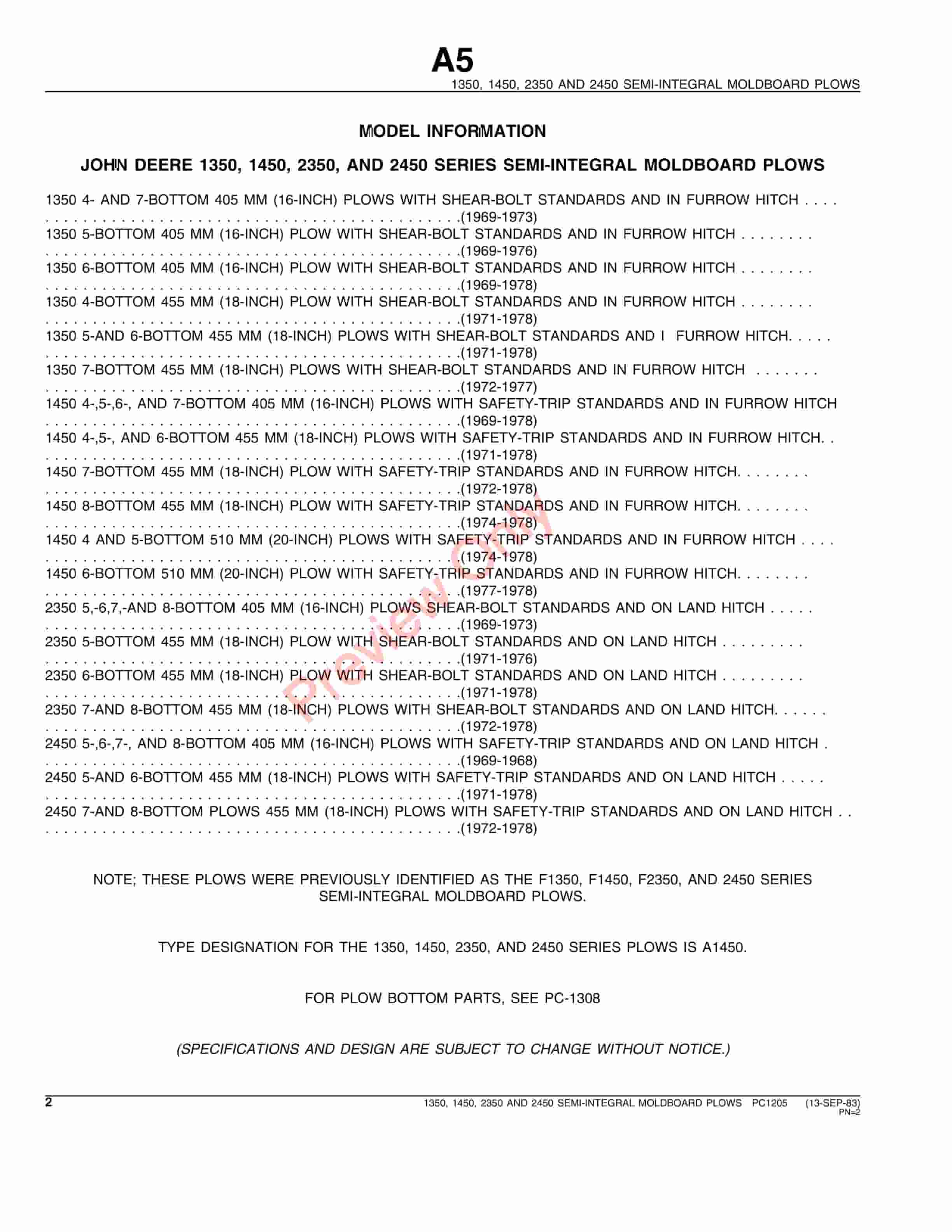 John Deere 1350, 1450, 2350, 2450 Series Semi-Integral Moldboard Plows Parts Catalog PC1205 13SEP83-4