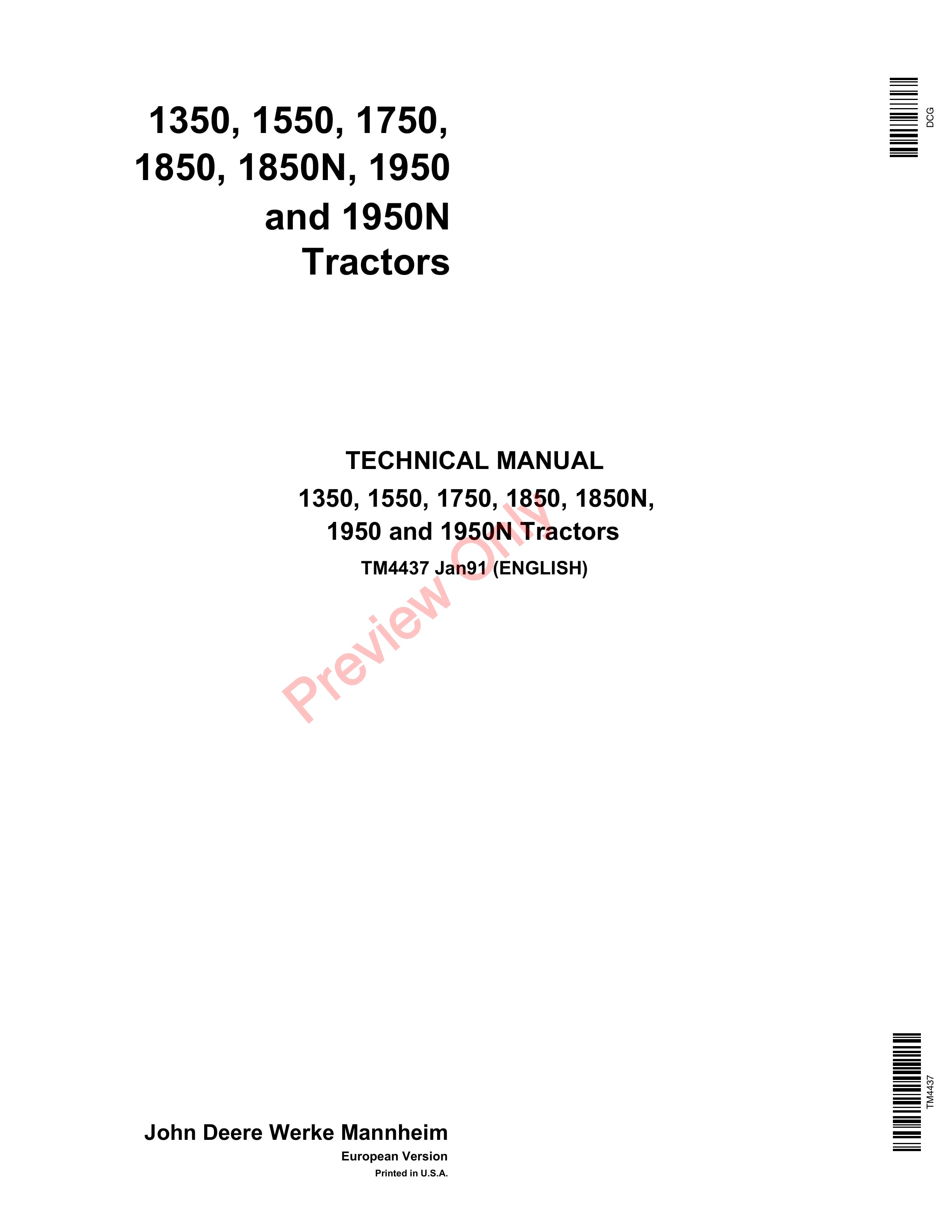 John Deere 1350, 1550, 1750, 1850, 1850N, 1950 and 1950N Tractors Technical Manual TM4437 01JAN91-1