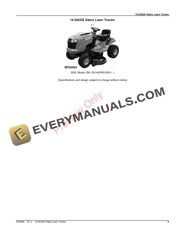 John Deere 14.542GS SABRE LAWN TRACTOR Parts Catalog PC9095 08SEP23