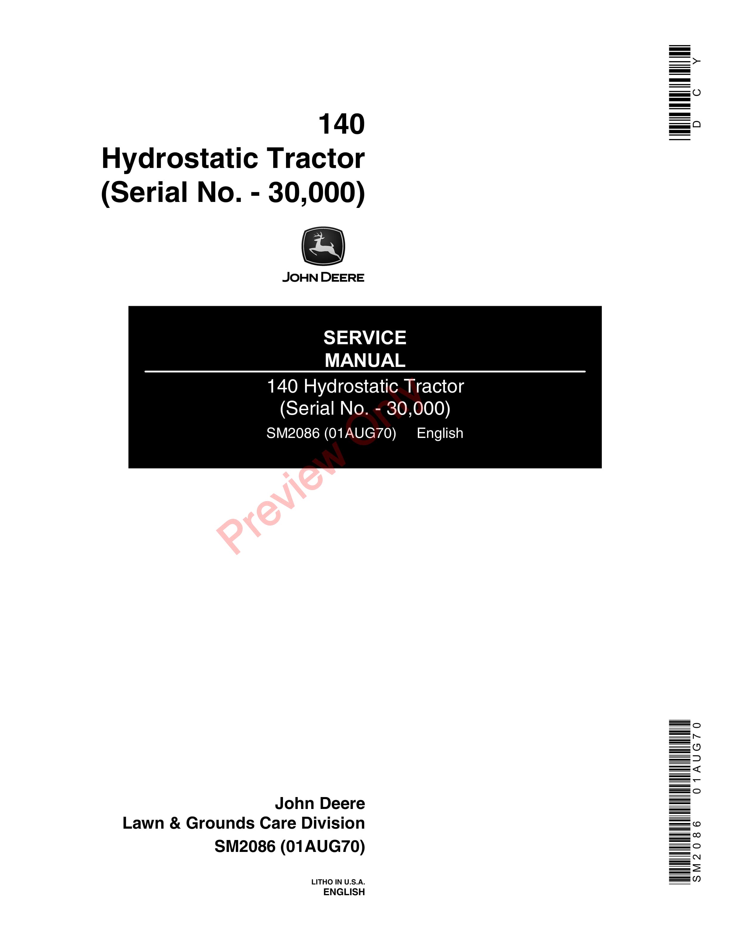John Deere 140 Hydrostatic Tractor Service Manual SM2086 01AUG70-1
