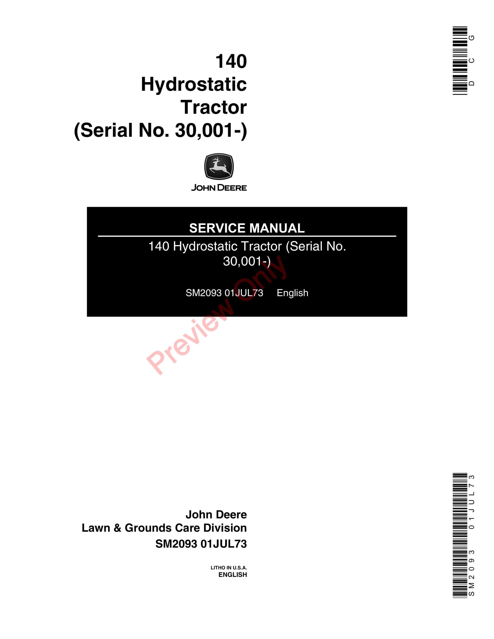 John Deere 140 Hydrostatic Tractor Service Manual SM2093 01JUL73-1