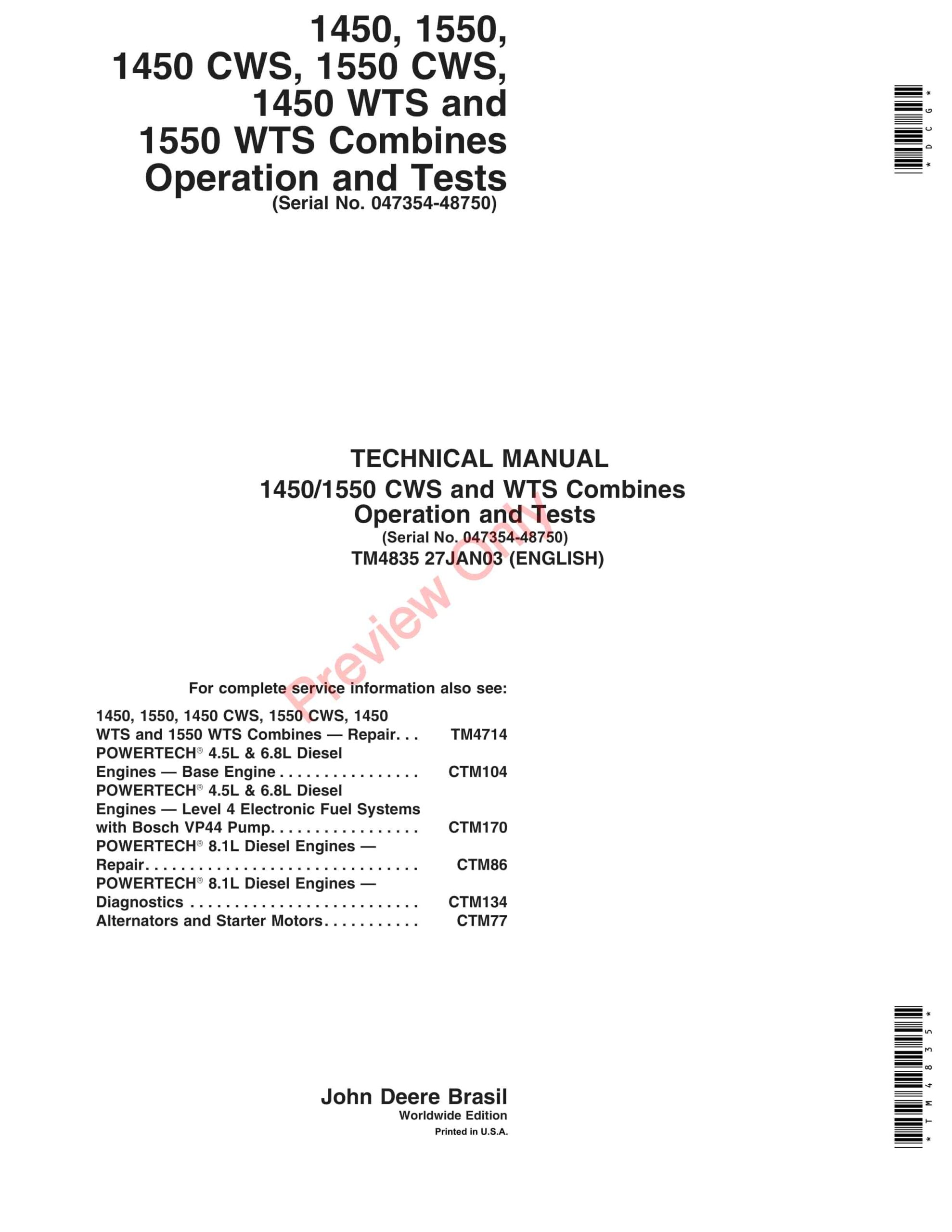 John Deere 1450, 1550, 1450CWS, 1550 CWS Combines Technical Manual TM4835 2JAN03-1