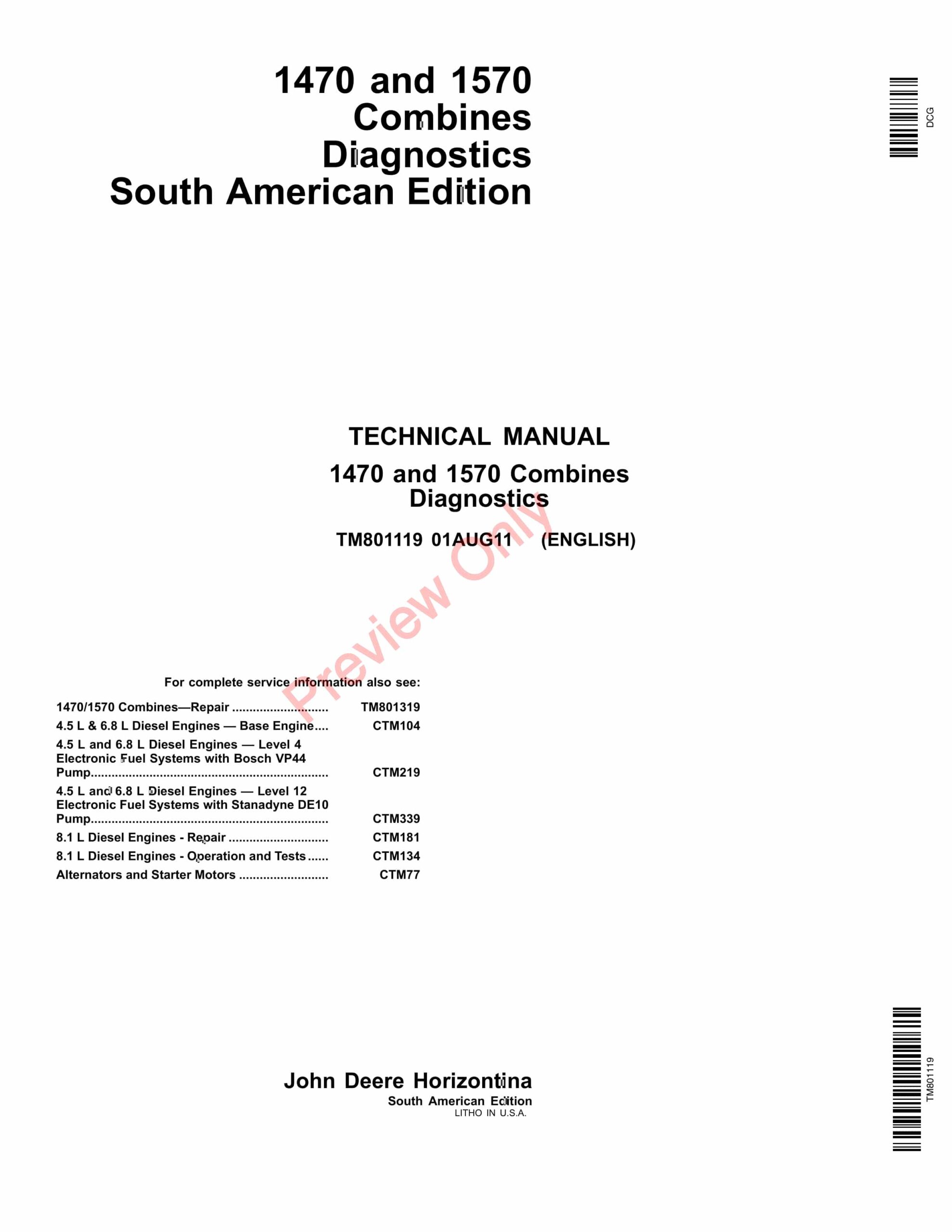 John Deere 1470, 1570 Combine Technical Manual TM801119 19APR12-1