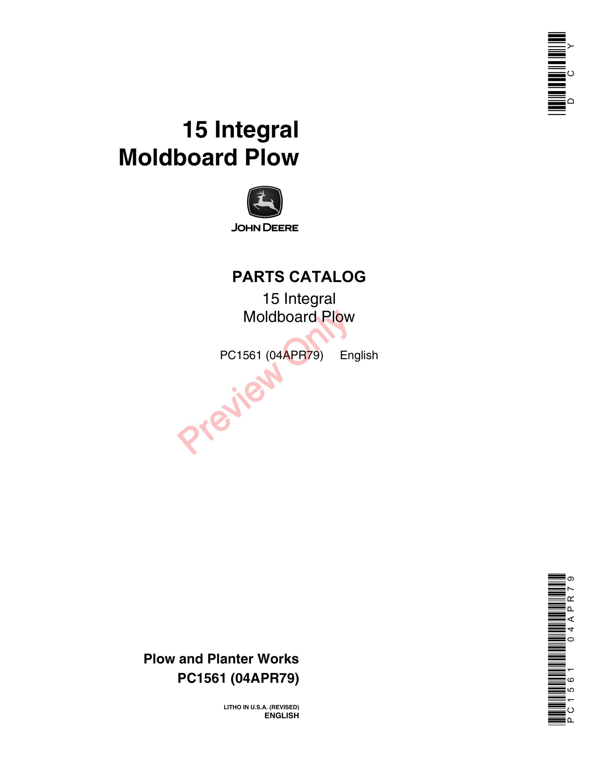 John Deere 15 Integral Moldboard Plow Parts Catalog PC1561 04APR79-1