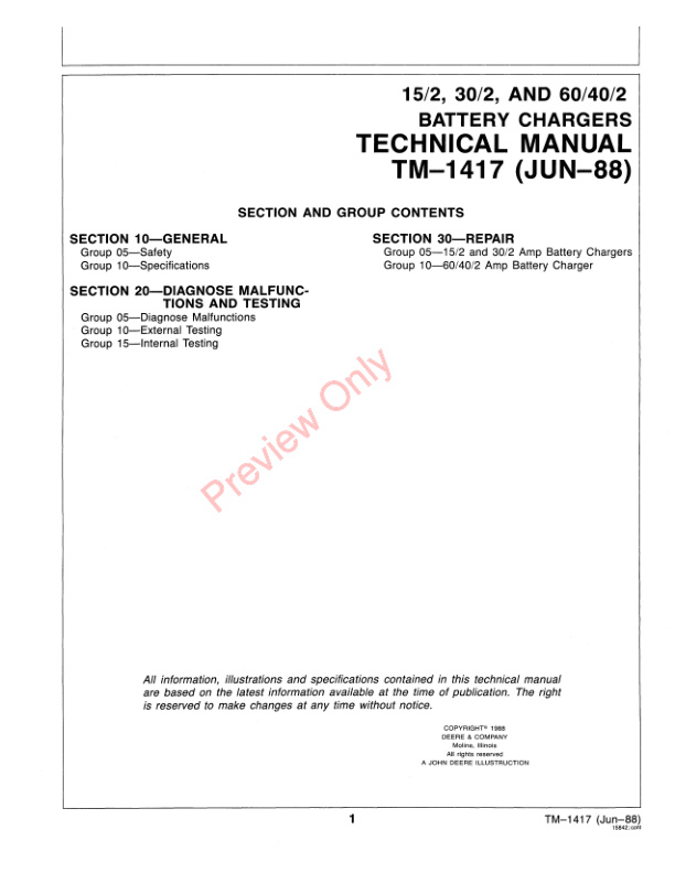John Deere 152 Amp 302 Amp 60402 AMP Battery Charger Technical Manual TM1417 01JUN88 3