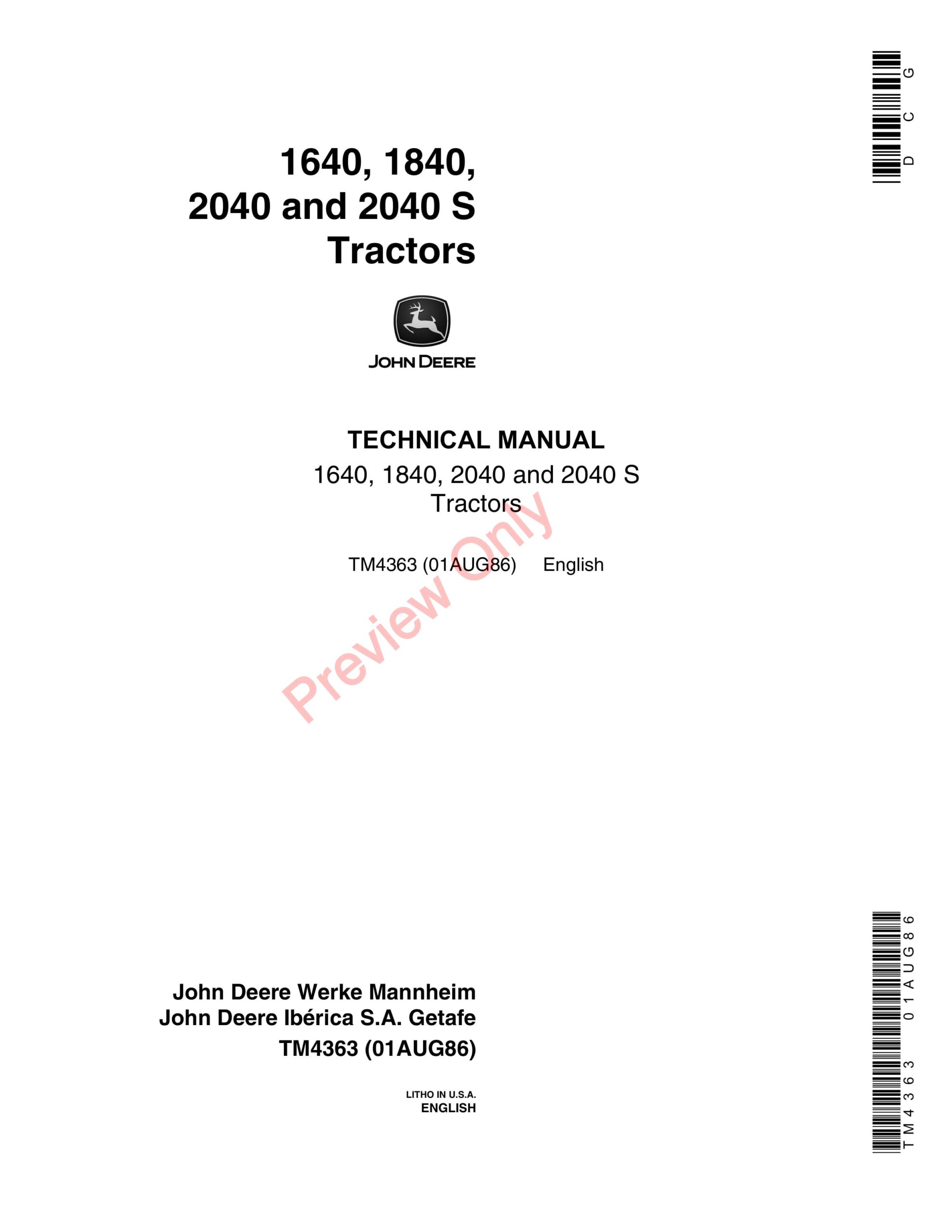 John Deere 1640, 1840, 2040 and 2040S Tractors Technical Manual TM4363 01AUG86-1