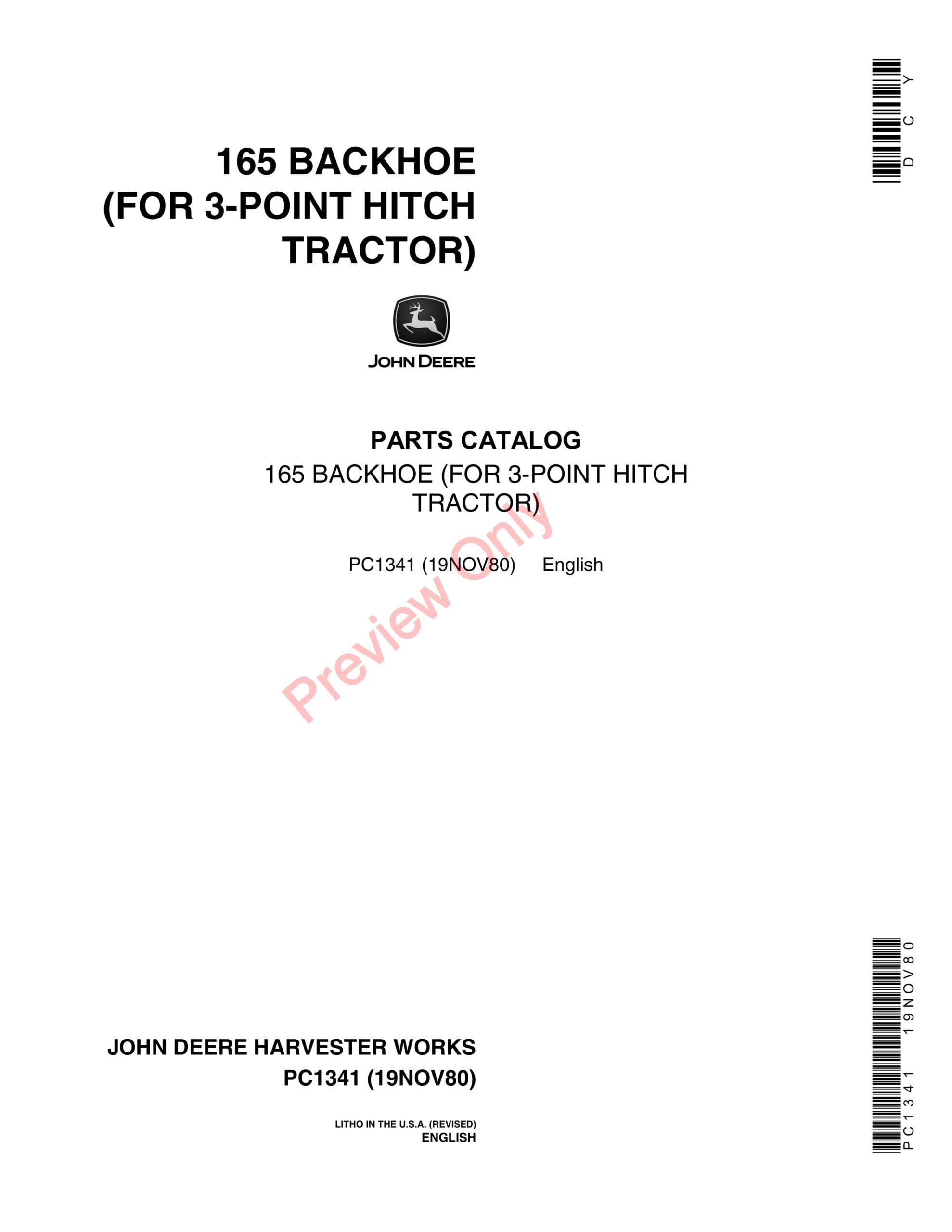 John Deere 165 Backhoe (Applies to 3-Point Hitch Tractors) Parts Catalog PC1341 19NOV80-1