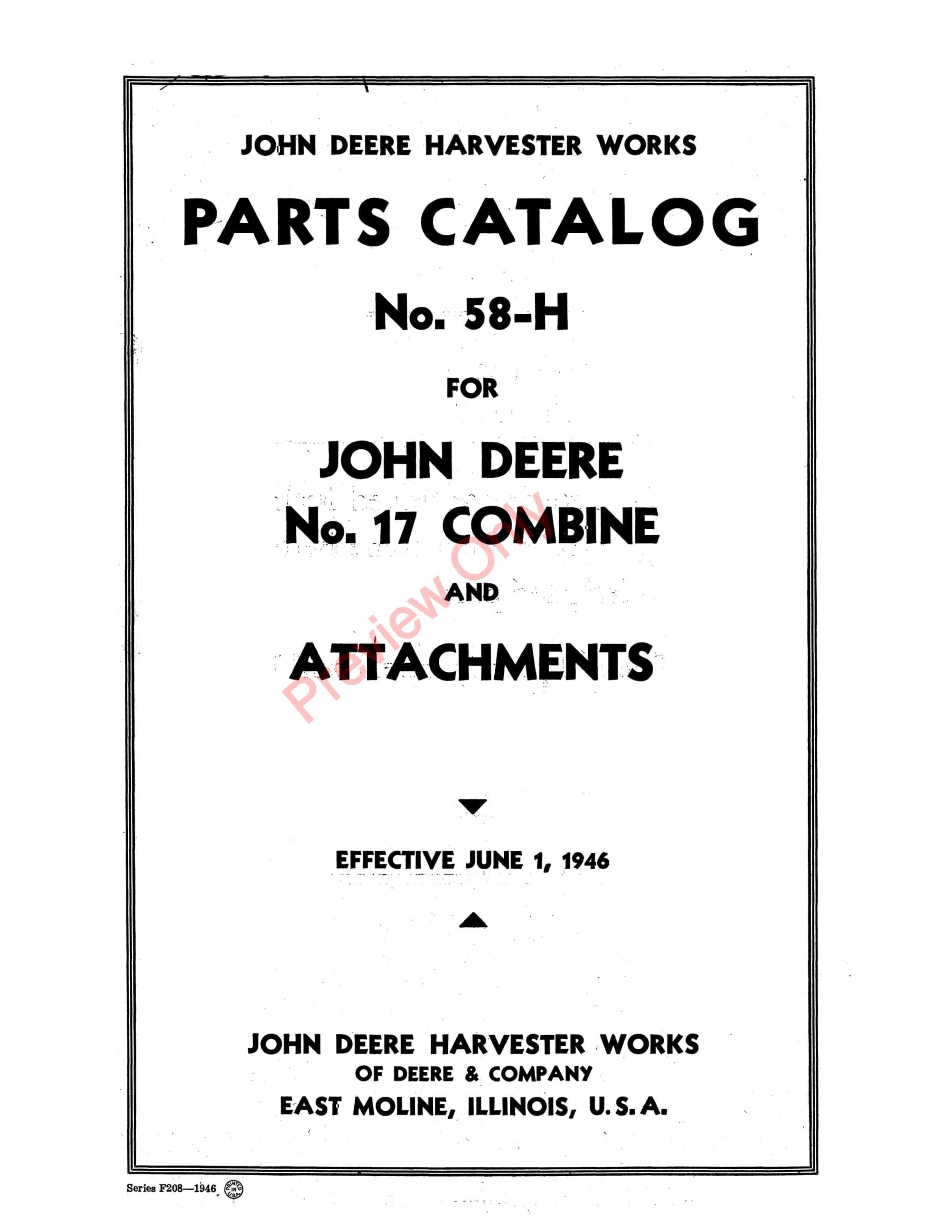 John Deere 17 Combine Parts Catalog CAT58H 01JUN46-1