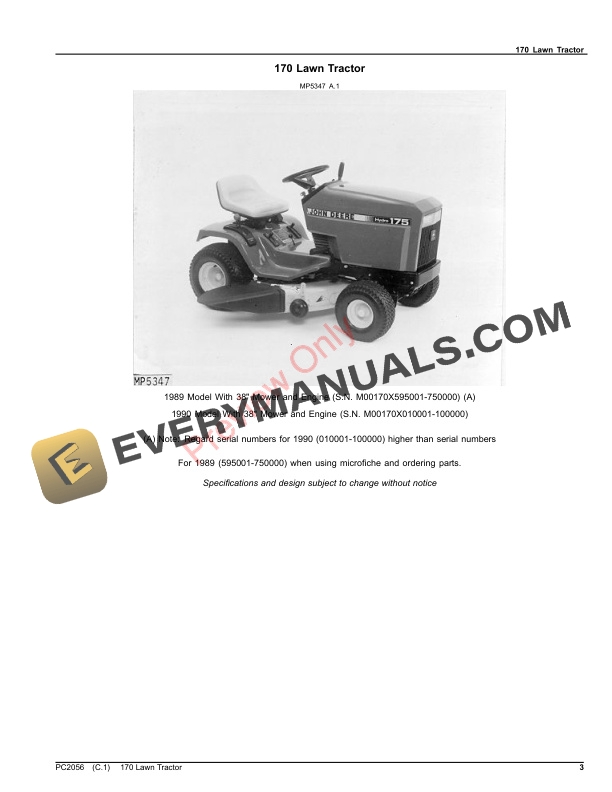 John Deere 170 LAWN TRACTORS Parts Catalog PC2056 20AUG23