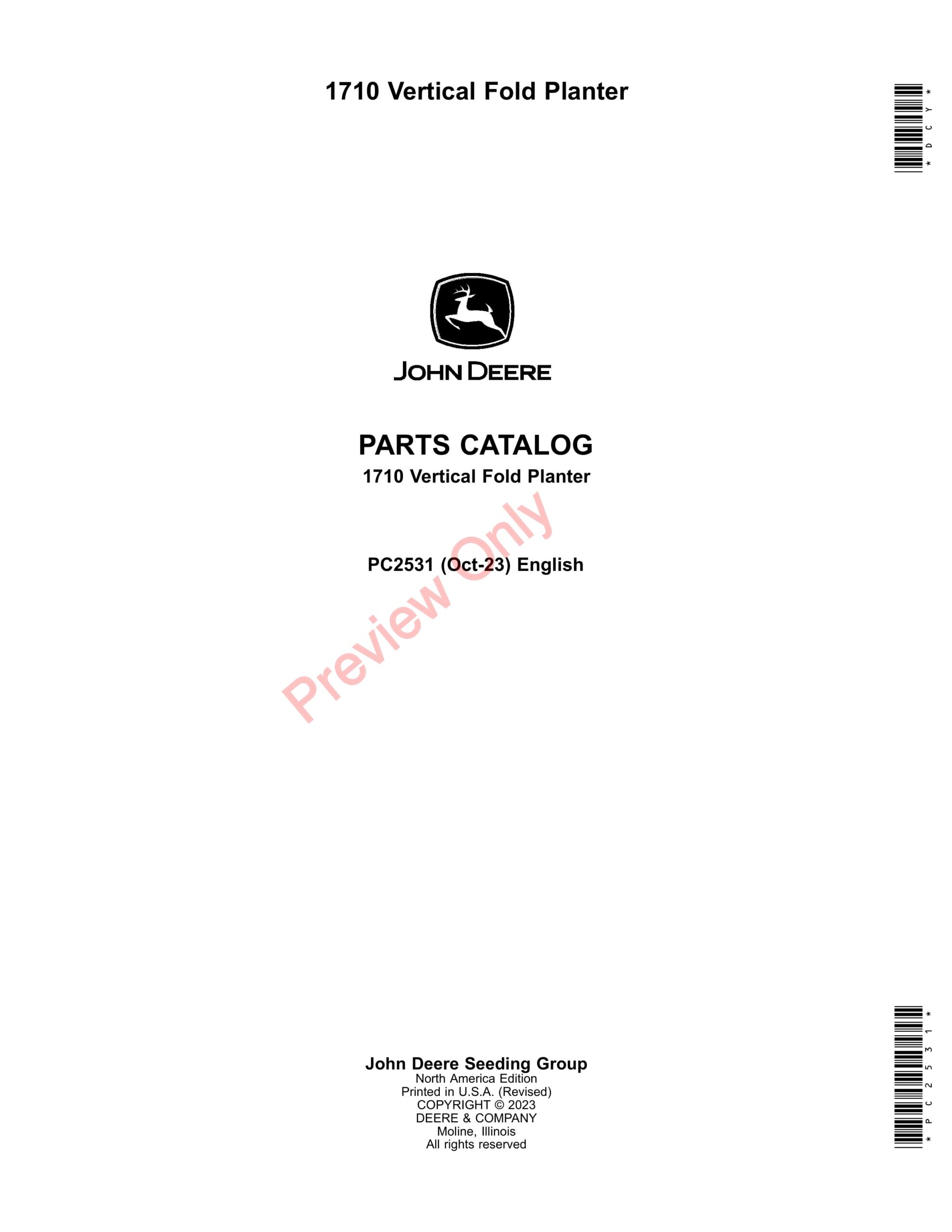 John Deere 1710 Vertical Fold Planter Parts Catalog PC2531 06OCT23-1