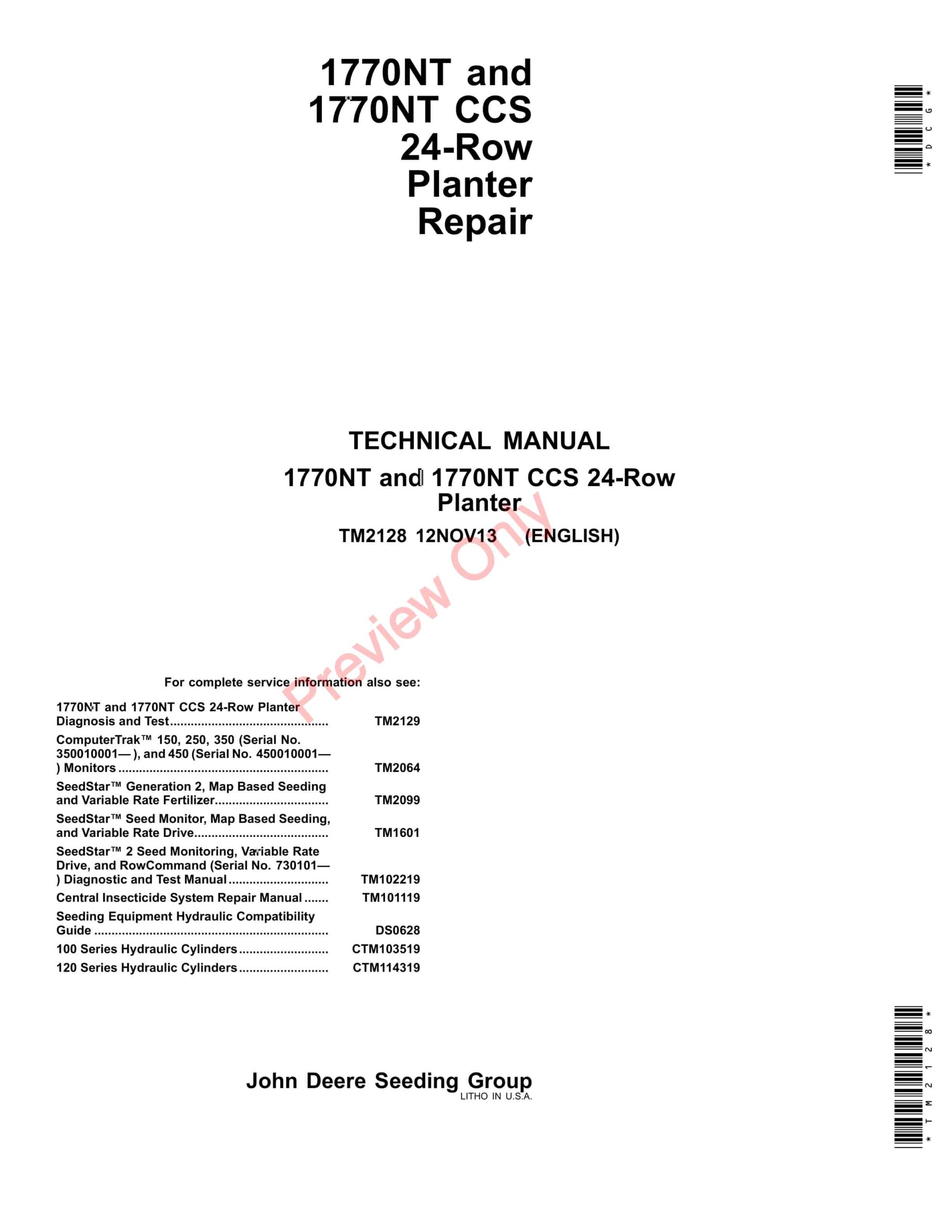 John Deere 1770NT, 1770NT CCS Drawn (24RN) Planters Technical Manual TM2128 12NOV13-1