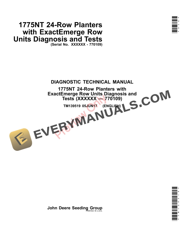 John Deere 1775NT 24Row Planters with ExactEmerge Row Units Diagnostic Technical Manual
