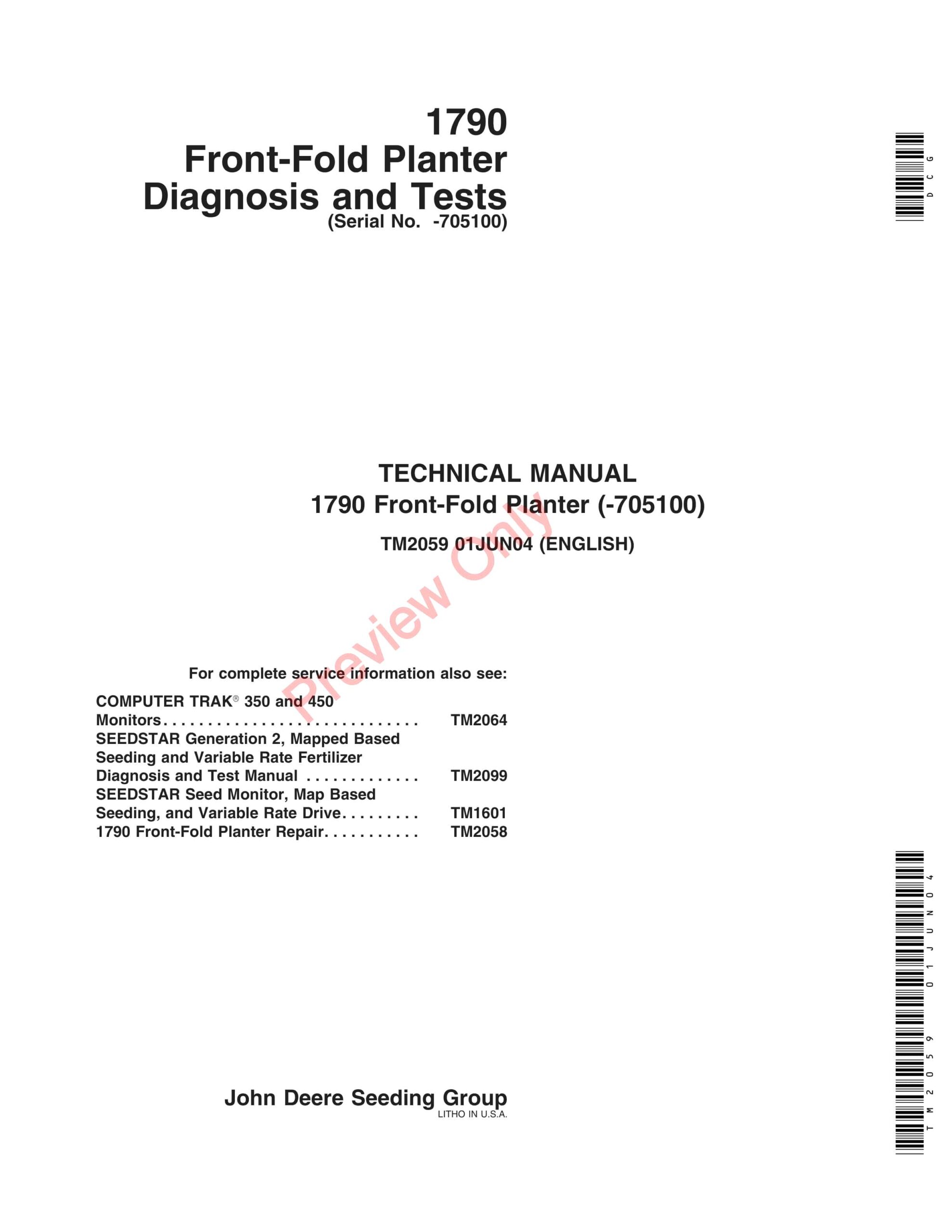 John Deere 1790 Front Fold Planter Technical Manual TM2059 01JUN04-1
