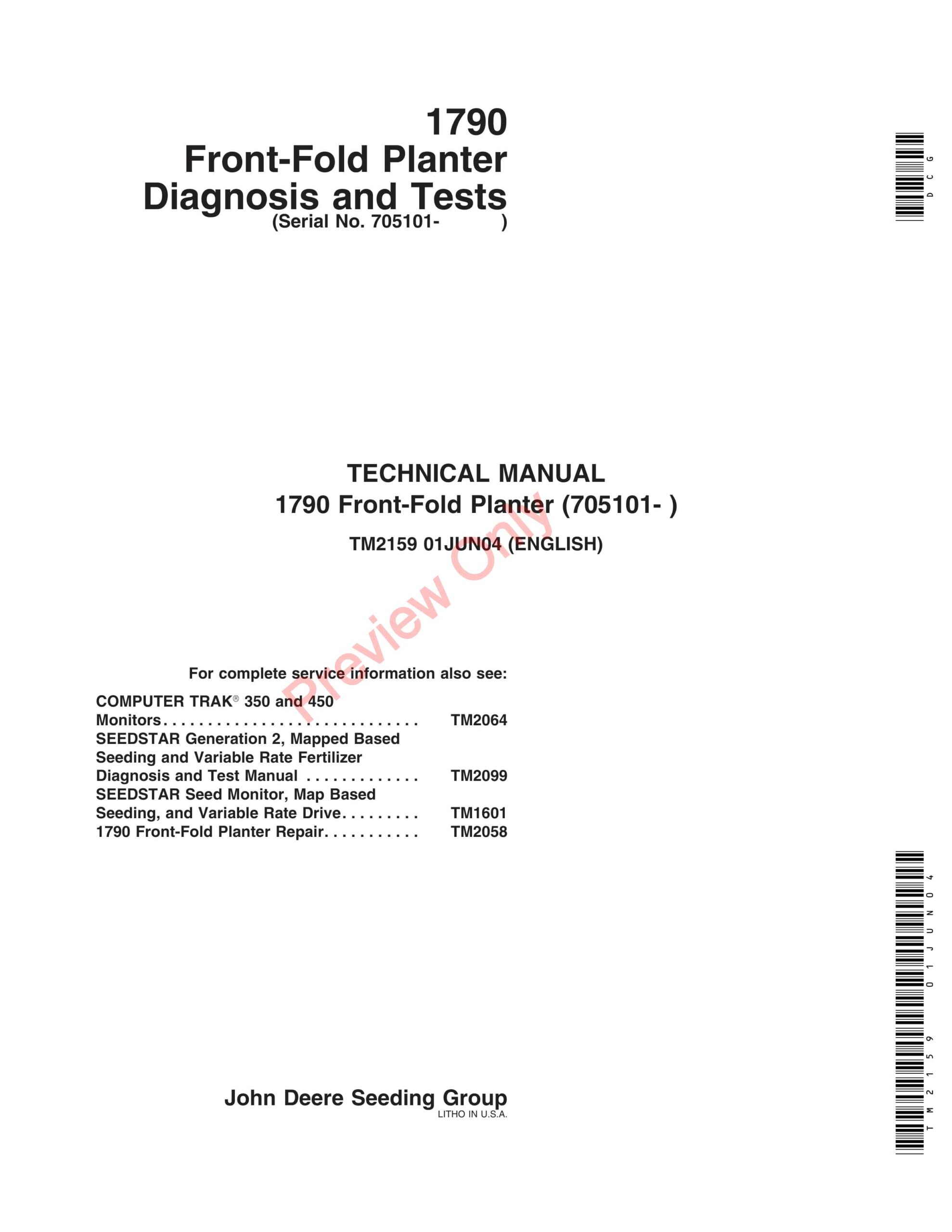 John Deere 1790 Front Fold Planter Technical Manual TM2159 01JUN04-1