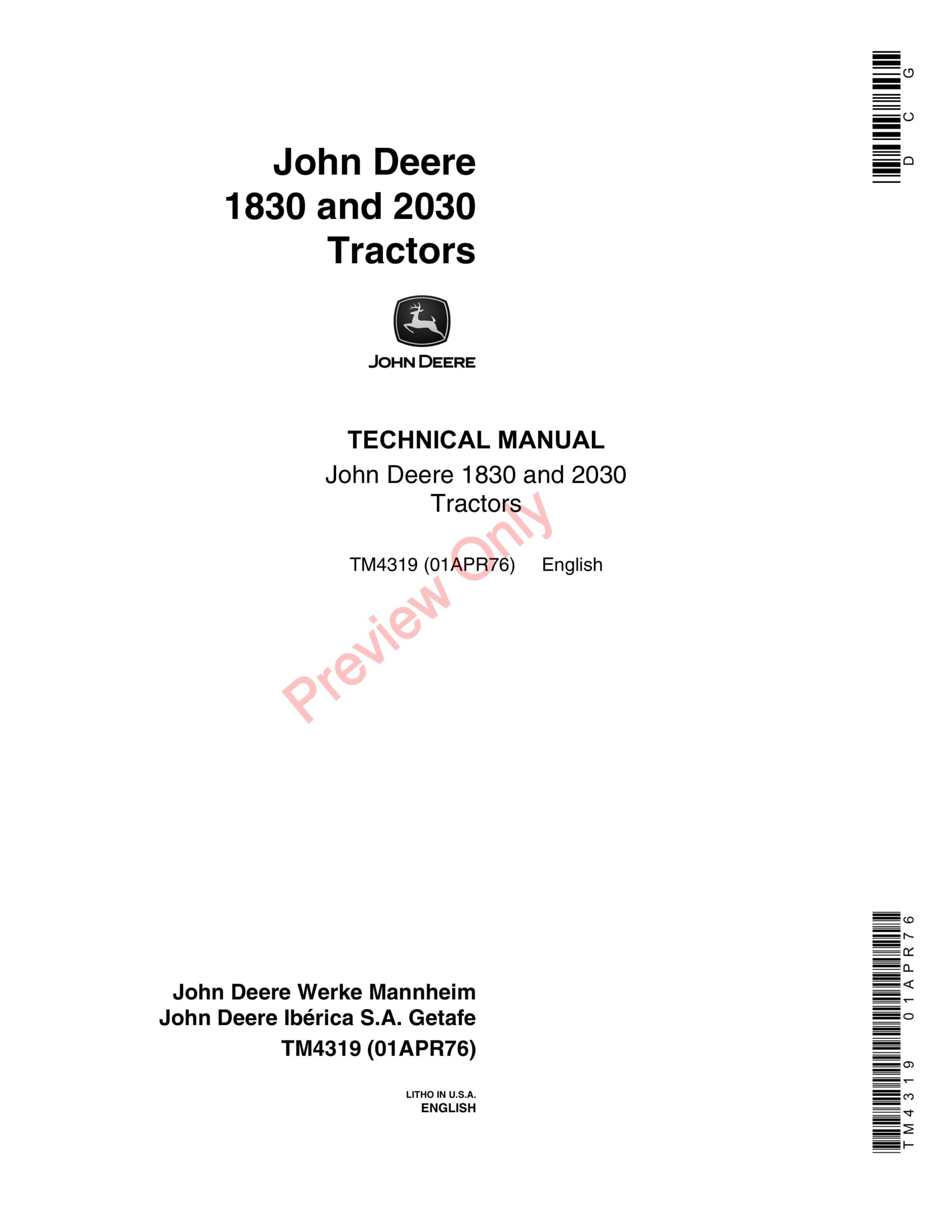 John Deere 1830 and 2030 Tractor Technical Manual TM4319 01APR76-1