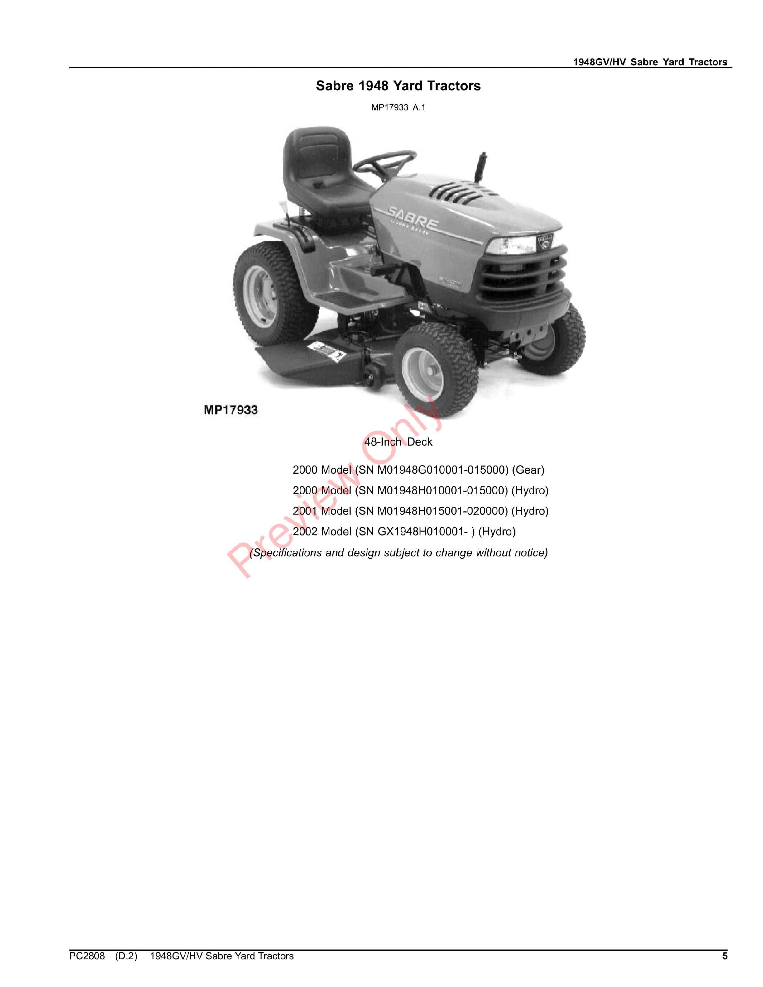 John Deere 1948GVHV SABRE YARD TRACTORS Parts Catalog PC2808 06OCT23-5