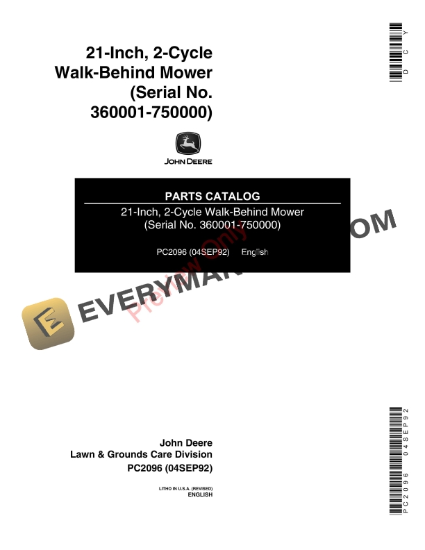 John Deere 2Cycle WalkBehind Rotary Mowers Parts Catalog PC2096 04SEP92