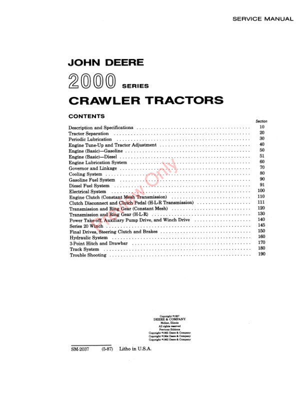 John Deere 2000 Series Crawler Tractors Service Manual SM2037 01MAY87 3