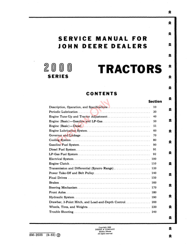 John Deere 2000 Series Tractors 2010 Row Crop RC Utility Hi Crop Service Manual SM2035 01SEP63 3