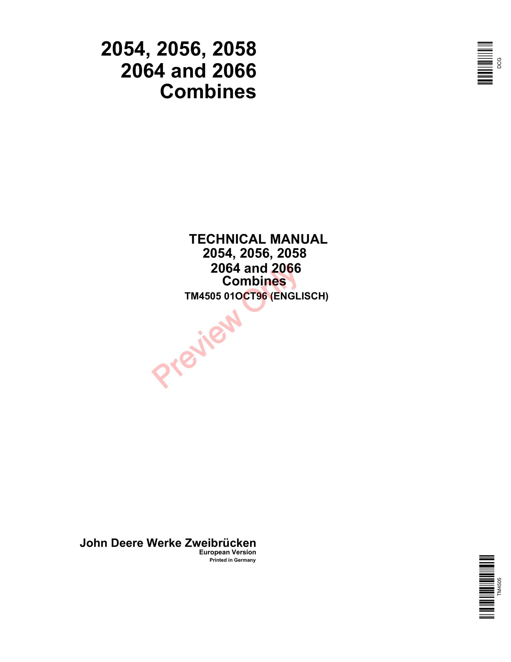 John Deere 2054, 2056, 2058, 2064, 2066 Combines Technical Manual TM4505 01OCT96-1