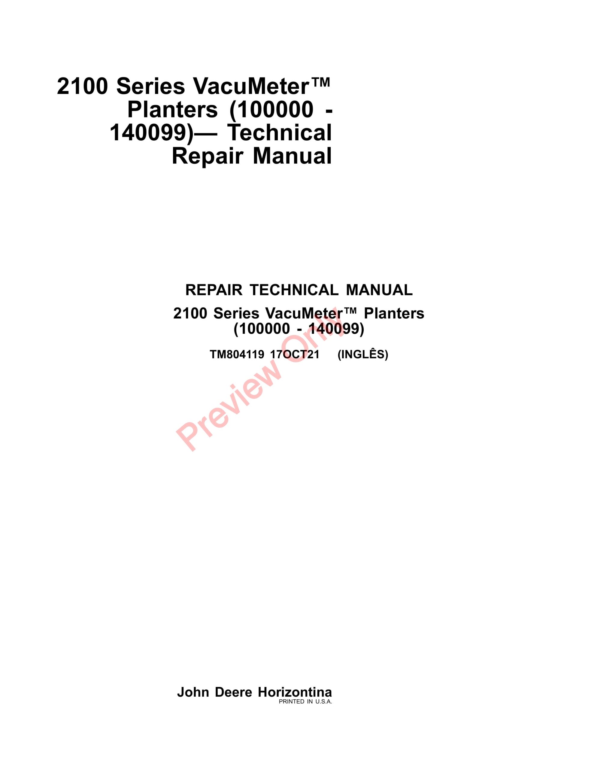 John Deere 2100 Series VacuMeter Planters (100000 – 140099) Repair Technical Manual TM804119 17OCT21-1