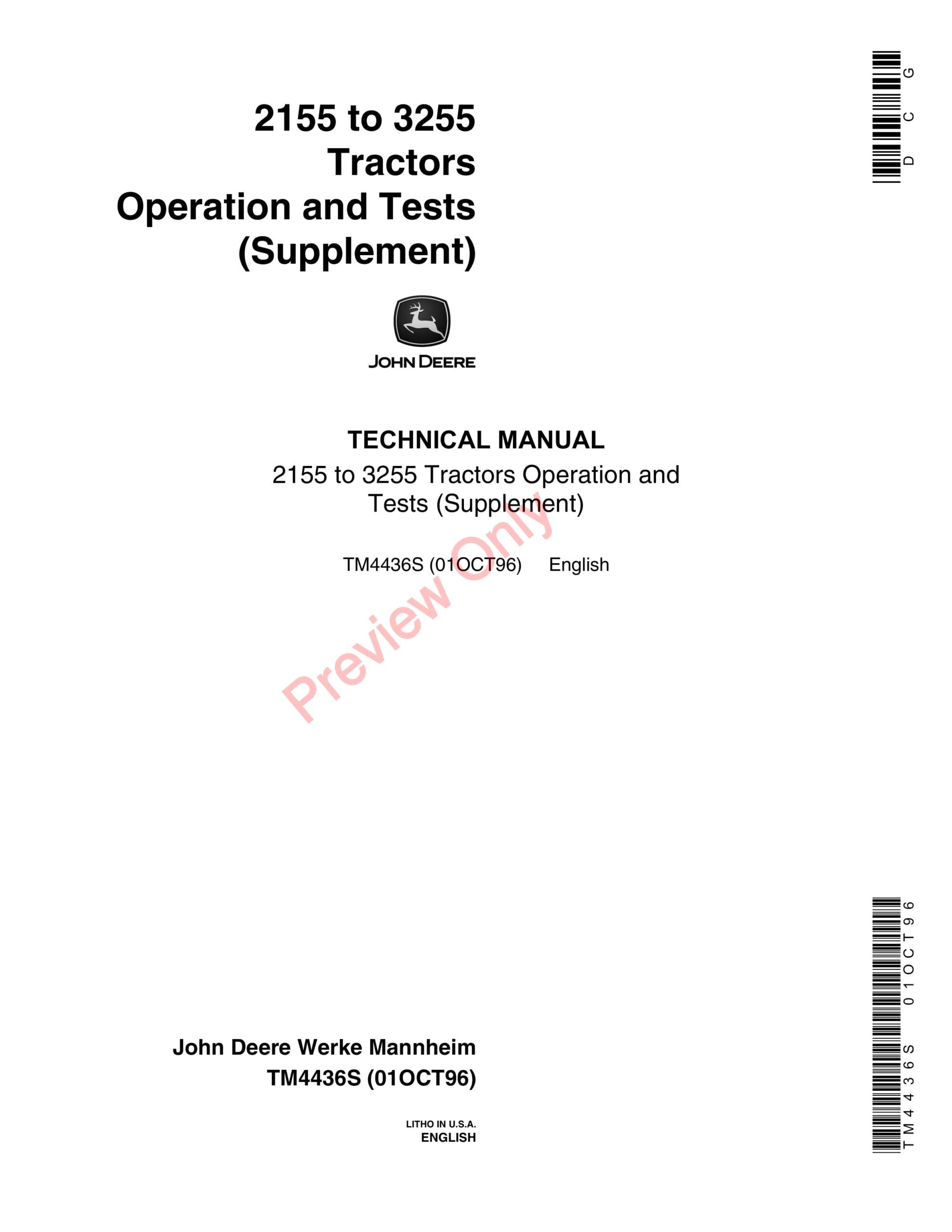 John Deere 2155 to 3255 Tractors Technical Manual TM4436S 01OCT96-1