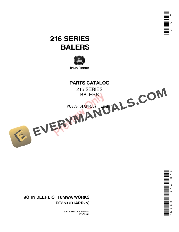 John Deere 216T and 216WS Balers Parts Catalog PC853 01APR75