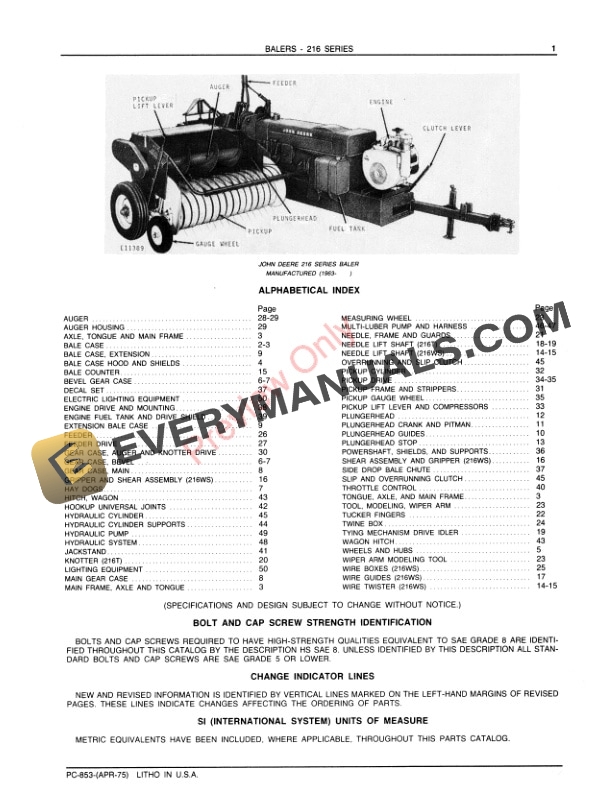 John Deere 216T and 216WS Balers Parts Catalog PC853 01APR75