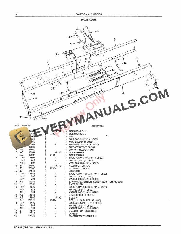 John Deere 216T and 216WS Balers Parts Catalog PC853 01APR75